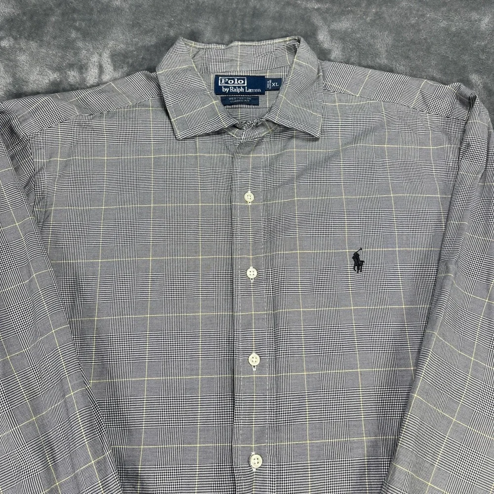 Polo Ralph Lauren Shirt Mens XL Gray Plaid Houndstooth‎ Long Sleeve Button Up